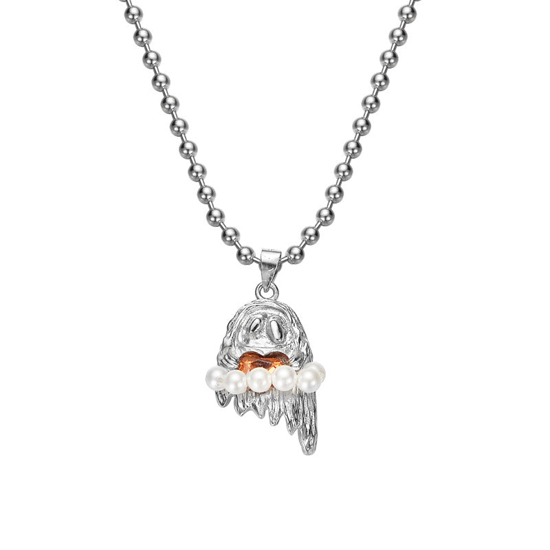 Halloween Gift Orange Heart Shell Pearl Ghost Silver Beads Necklace