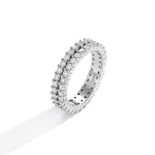 Men's Fashion Double Layers CZ Lines Silver Ring