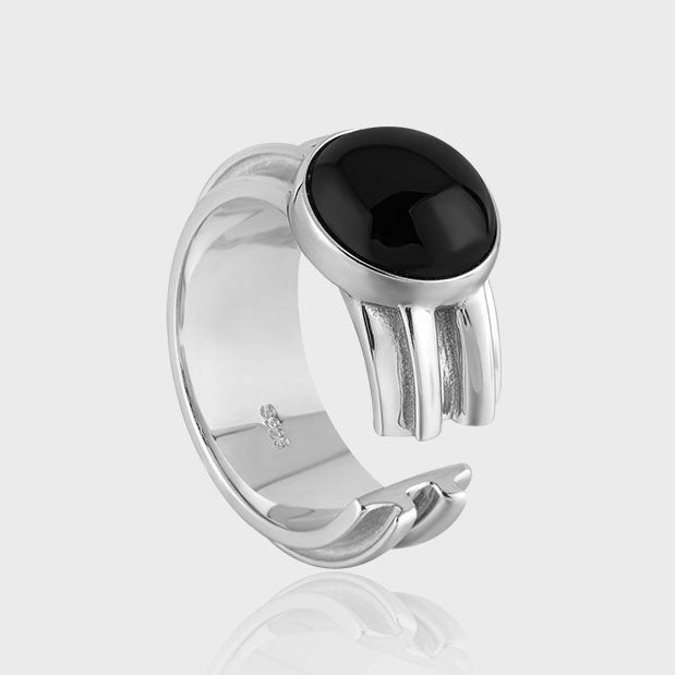 Men Simple Round Black Agate Silver Ring