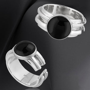 Men Simple Round Black Agate Silver Ring