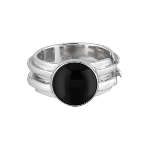 Men Simple Round Black Agate Silver Ring