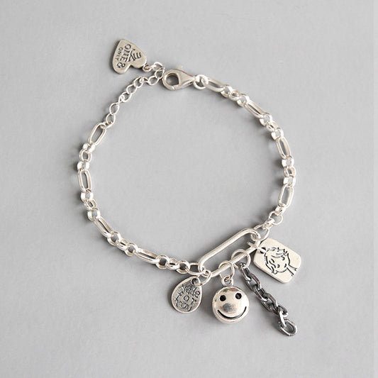 Retro Smile Face Waterdrop Heart Doll Tag Silver Chain Bracelet