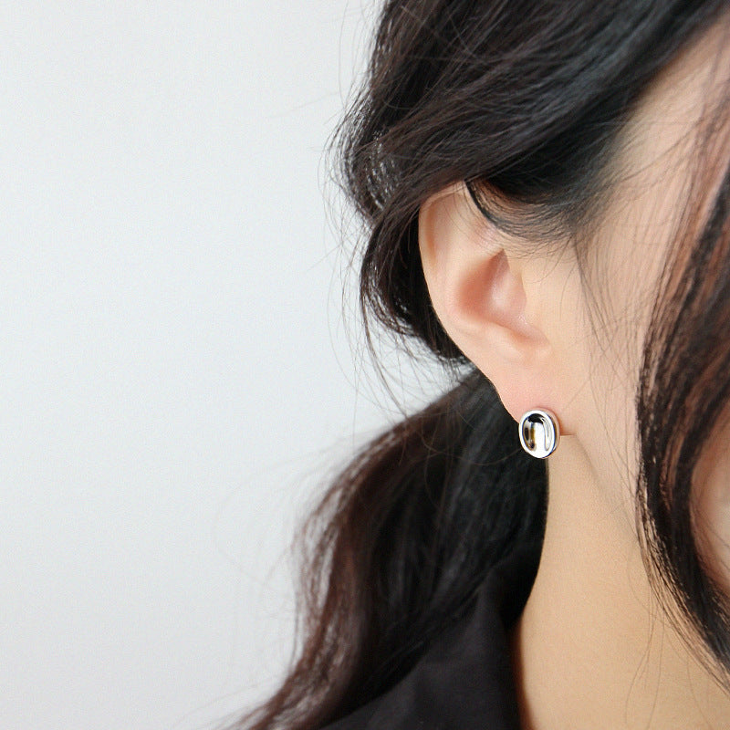 Simple Geometry Ellipse Silver Studs Earrings