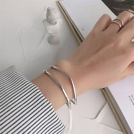 Simple Double Layler Silver Open Bangle