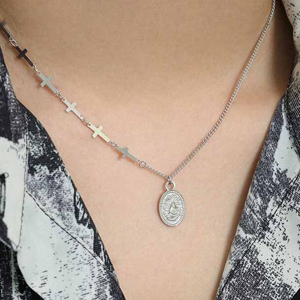 Gift Oval Tag Cross Chain Silver Necklace