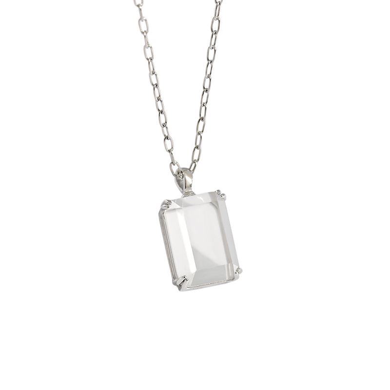 Simple Geometric Square Golden Sandstone White Crystal Silver Necklace