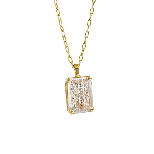 Simple Geometric Square Golden Sandstone White Crystal Silver Necklace