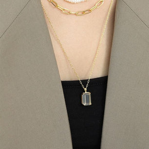 Simple Geometric Square Golden Sandstone White Crystal Silver Necklace