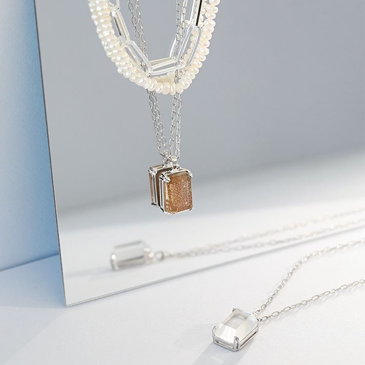 Simple Geometric Square Golden Sandstone White Crystal Silver Necklace