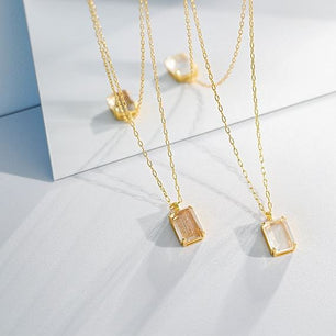 Simple Geometric Square Golden Sandstone White Crystal Silver Necklace