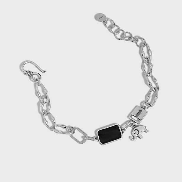 Vintage Black Rectangle Elephant Lock Silver Bracelet