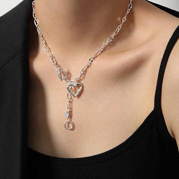 Women Hollow Heart Chain Silver Necklace