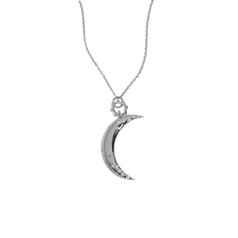 Women CZ Crescent Moon Silver Necklace