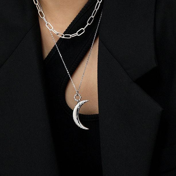 Women CZ Crescent Moon Silver Necklace