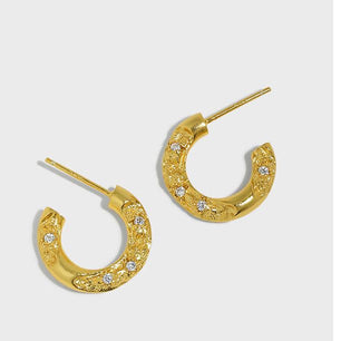 Women Irregular CZ C Shape Silver Hoop Earrings