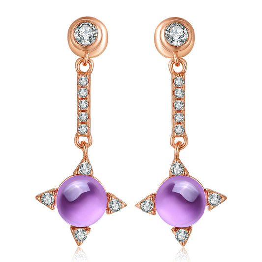 Flower Oval Genuine Amethyst CZ  Silver Rose Gold Earrings