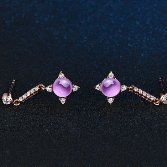 Flower Oval Genuine Amethyst CZ  Silver Rose Gold Earrings