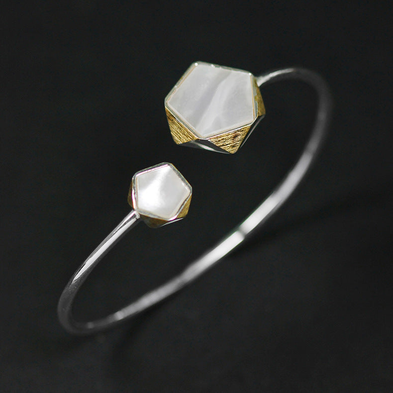 Geometric White Shell Pentagon Silver Open Bangle