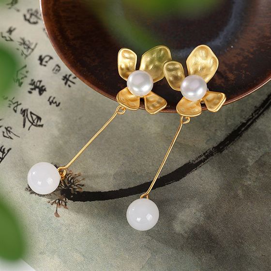 Elegant Round Natural Nephrite Flower Silver Dangling Earrings