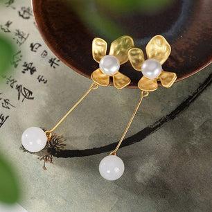 Elegant Round Natural Nephrite Flower Silver Dangling Earrings