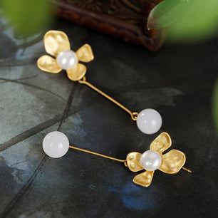 Elegant Round Natural Nephrite Flower Silver Dangling Earrings