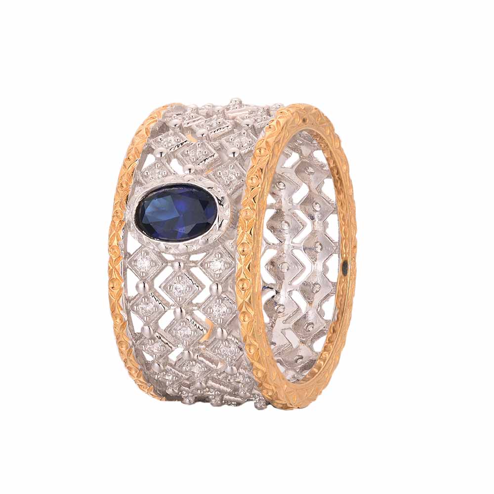 Simple Oval Created Sapphire Hollow CZ Square Silver Ring