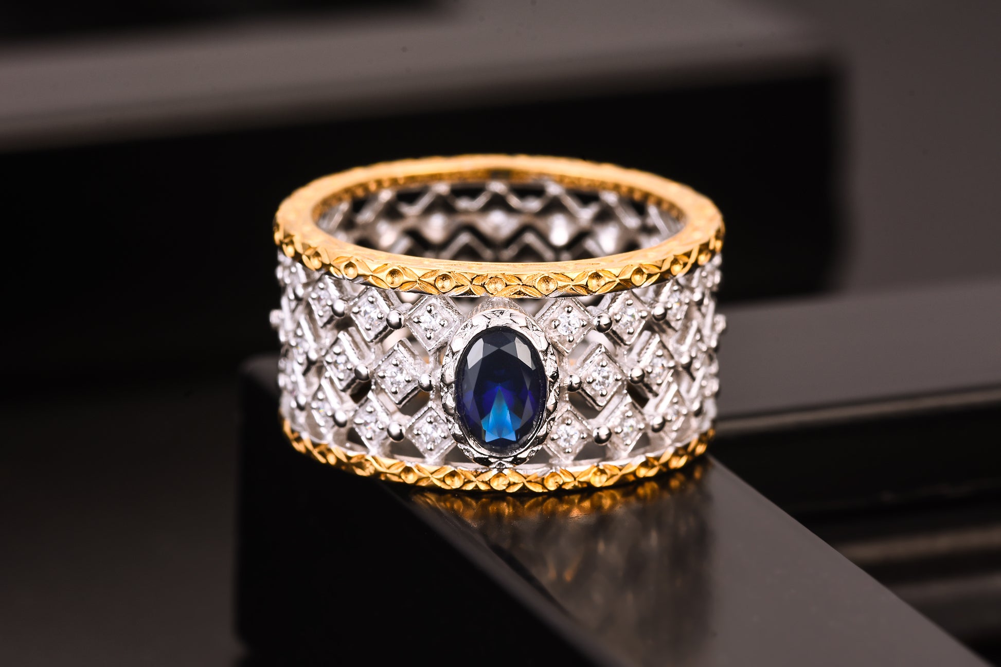 Simple Oval Created Sapphire Hollow CZ Square Silver Ring