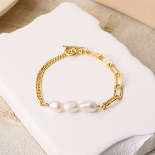 Asymmetry Hollow Chain Baroque Natural Pearl Silver Bracelet