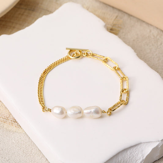 Asymmetry Hollow Chain Baroque Natural Pearl Silver Bracelet