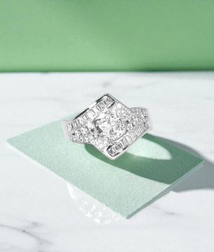 Regal Baguette Halo Silver Ring