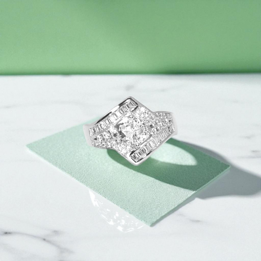 Regal Baguette Halo Silver Ring