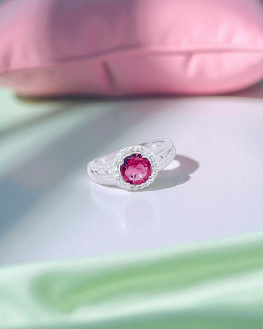 Pink Round Stone Silver Ring